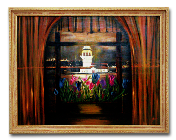 Pencereden Kız Kulesi yağlıboya tablo