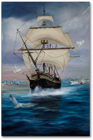 Denizde gemi yağlı boya tablosu nurcan aral